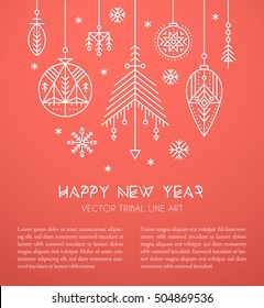 New Year greeting card template with hanging decorations and snowflakes. Creative tribal line style design elements. Minimalistic outlined winter holidays graphics. Red and white