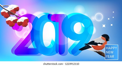 new year greeting card text 2019 bullfinch and Rowan branch on a sparkling background