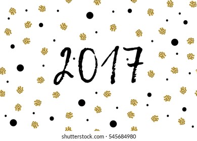 New Year greeting card with text, black and gold dots. 2017
