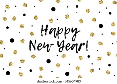 New Year greeting card with text, black and gold dots. Happy New Year