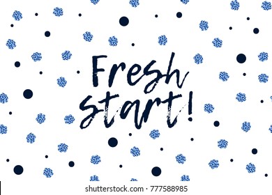 New Year greeting card with text, dark blue and sparkled blue dots. Fresh Start