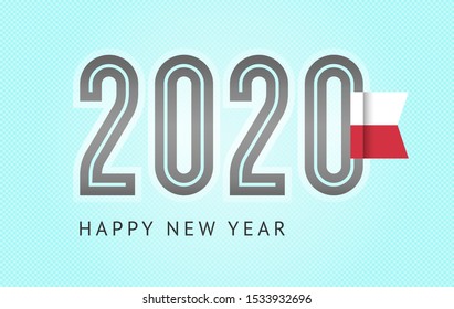 New Year greeting card trendy design, number 2020 with flag of Poland, vector illustration 10eps format on a blue background.
