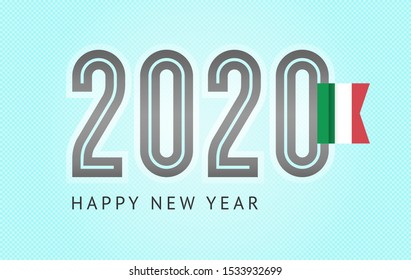 New Year greeting card trendy design, number 2020 with flag of Italy, vector illustration 10eps format on a blue background.