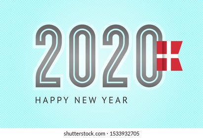 New Year greeting card trendy design, number 2020 with flag of Denmark, vector illustration 10eps format on a blue background.