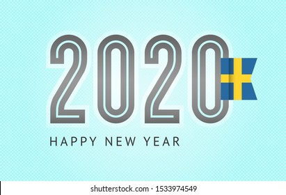 New Year greeting card trendy design, number 2020 with flag of Sweden, vector illustration 10eps format on a blue background.