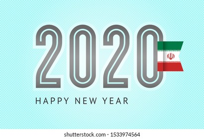 New Year greeting card trendy design, number 2020 with flag of Iran, vector illustration 10eps format on a blue background.