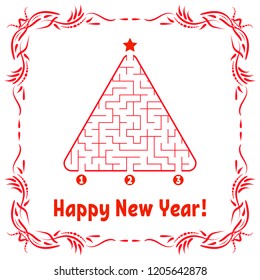 New Year greeting card with a triangular labyrinth. Find the right path to the star. Game for kids. Christmas tree. Maze conundrum. Vector illustration. With frame in vintage style.