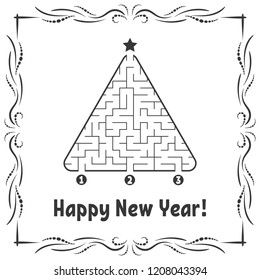 New Year greeting card with a triangular labyrinth. Find the right path to the star. Game for kids. Christmas tree. Maze conundrum. Vector illustration. With frame in vintage style.