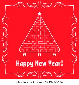 New Year greeting card with a triangular labyrinth. Find the right path to the star. Game for kids. Christmas tree. Maze conundrum. Vector illustration. With frame in vintage style.