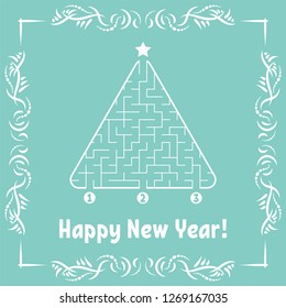 New Year greeting card with a triangular labyrinth. Find the right path to the star. Game for kids. Christmas tree. Maze conundrum. Vector illustration. With frame in vintage style.