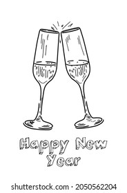 Tarjeta de bienvenida de Año Nuevo con dos vasos de champán. Dibujo manual, Piint para tela, carteles y postales