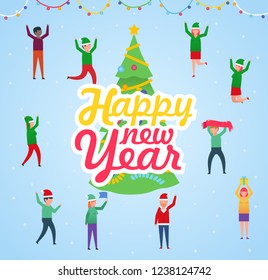 New Year greeting card. Various people celebrate near Christmas tree. Poster for web page, social media, banner, presentation. Flat design vector illustration