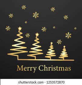 New Year greeting  card vector design. Stylized Christmas tree, snowflakes and decorations. Vector golden line illustration for web and graphic design.