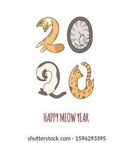 New year greeting card. Vector illustration with cute numbers like cats 2020 in hand-drawn kawaii style. With "Happy meow year" caption. Twenty twenty banner isolated on white background.