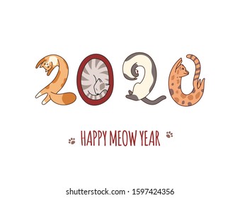 New year greeting card. Vector illustration with cute numbers like cats 2020 in hand-drawn kawaii style. With "Happy meow year" caption. Twenty twenty banner isolated on white background.