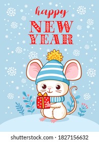 New Year Greeting Card. Vector illustration with a mouse that is holding a gift on a Christmas theme. 