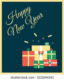 New Year greeting card. Vector illustration of holiday gift boxes. Happy New Year text design.