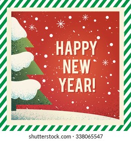 new year greeting card vector christmas tree snow retro vintage red background