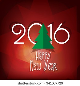 New Year greeting card. Vector illustration, a red background, letters and fair tree casting shadow, paper cut effect.