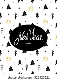 New Year greeting card. Vector invitation. Lettering text  in black oval on white background with Christmas trees.