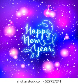 New Year greeting card. Vector illustration. Blurred background - lights.