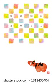 New Year greeting card with watercolor checkered pattern and cattle figure (Akabeko) for the year 2021 / translation of Japanese "Happy New Year"