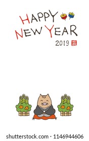 New year greeting card with wild boar wearing kimono and new year decorations (bamboo, plum flower and pine tree) for year 2019