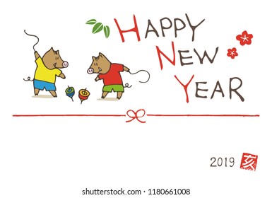 New year greeting card with wild boars playing spinning top toys for year 2019