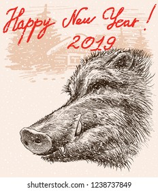 New Year greeting card with a wild boar, a symbol of 2019