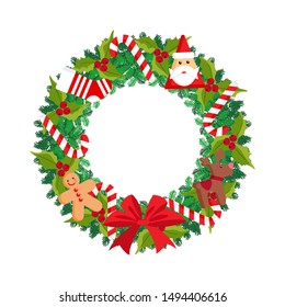 New year greeting card wreath with Christmas socks, gingerbread man, Santa Claus, and deer. Christmas wreath with holly and sweets isolated on white background