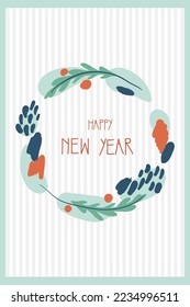 New Year greeting card with wreath and hand written text happy New Year. Pine wreath