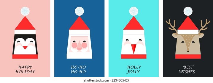 New Year greeting cards in geometric style. Penguin, santa claus wish happy holidays. Ho-ho greeting. Stork, deer are shown in nordic, scandinavian style.