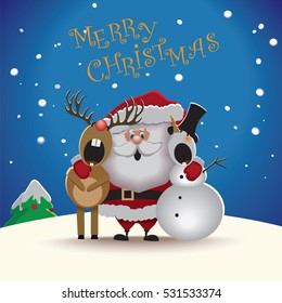 New Year greeting card-Santa Claus, reindeer and snowman singing a Christmas song.Vector illustration.