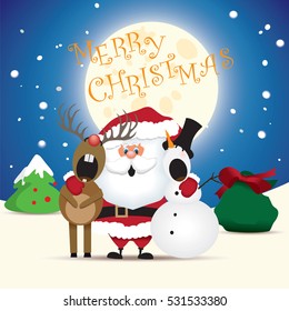 New Year greeting card-Santa Claus, snowman and reindeer singing a Christmas carol with the moon in the background.Vector illustration.