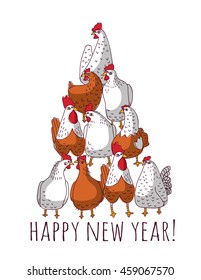 New year greeting chicken card with tree. Color vector illustration. EPS8