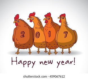 New year greeting chicken card with sign. Color vector illustration. EPS8