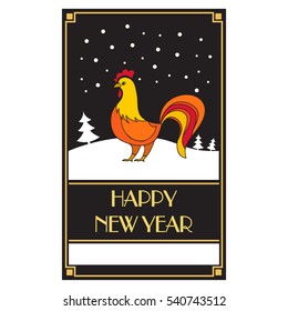 New Year Greeting Christmas card. A festive card with a winter landscape and a symbol of year a rooster. In flat style a vector.A winter landscape with fir-trees in snow and the falling snowflakes.