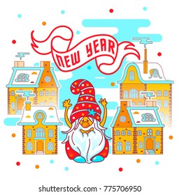 New Year greeting concept with winter landscape and funny santa gnome . Vector flat illustration. Used as background for greeting card, wishing celebration banner.