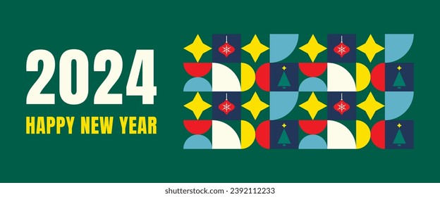 New Year greeting design with geometric pattern in bauhaus style. Template of banner, postcard, cover. Christmas elements in flat style