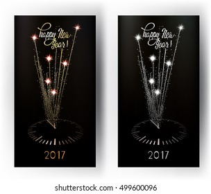 New Year greeting gold and silver cards with abstract sparkling clock. Vector illustration