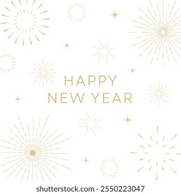 New year greeting with golden fireworks and typography on white background. Vector illustration new year greetings for social media and banner.