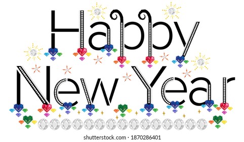 New Year greeting. Happy New Year. Festival wish. Seasons greetings. Word art label. Color stones diamonds and stars vector design. Wish sticker. Colorful hearts round gems pattern. Vector text.