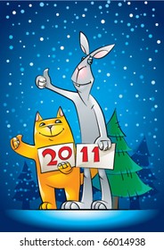 New Year greeting with hitch-hiking cat and rabbit