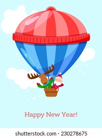 New year greeting. Hot air balloon with Santa Claus and an elk in it. The balloon wears a hot winter hat with pom pom.  EPS10