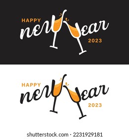 New year greeting illustration with champagne glasses. Cheers illustration with glasses clinking.