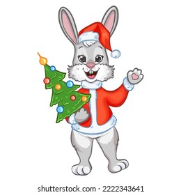 New Year Greeting illustration with cute rabbit in Santa Claus costume and with decorated Christmas tree. Symbol of 2023 year, vector image