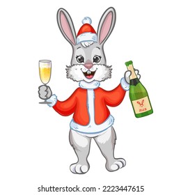 New Year Greeting illustration with cute rabbit in Santa Claus costume with glass and bottle of champagne. Symbol of 2023 year, vector image