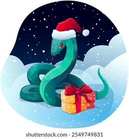 New Year greeting illustration for design and cards. Vector snake with gift box on winter background. Chinese lunar zodiac.