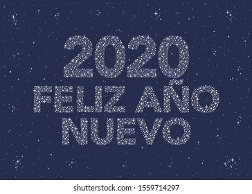 New year greeting with the phrase "2020 happy new year", using letters formed by stars, on a starry sky in white on dark blue colors.