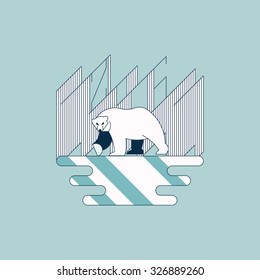 New year greeting picture. Iconography flat style outline logo design. Polar bear, polar lights and ice-hole design illustration. Modern  outline vector design simple logo pictogram concept
